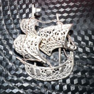 Antique Intricate Fine Handcrafted Sterling Silver Ship Brooch